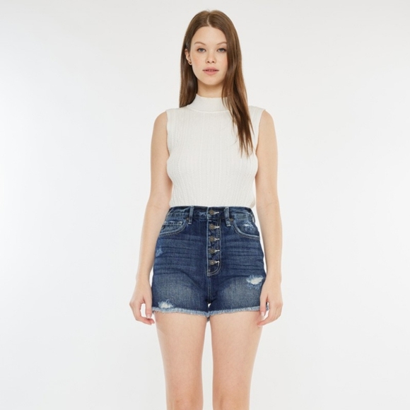 KanCan Button Fly Distressed Denim Ultra High-Rise Frayed Cut-Off Jean Shorts - Picture 2 of 13